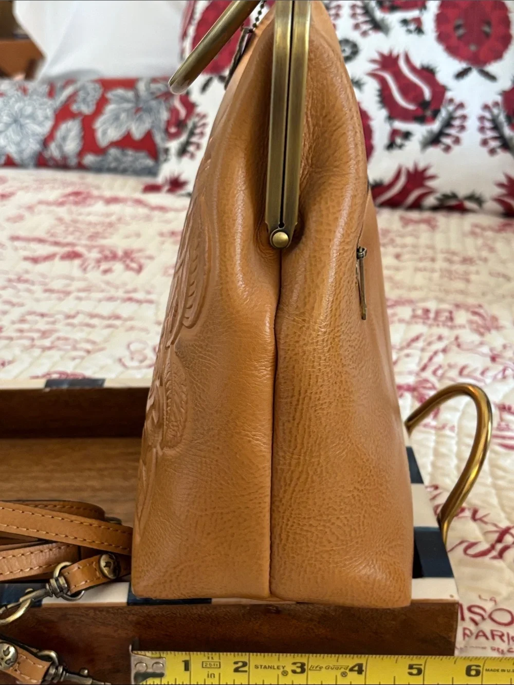 Patricia Nash Novelle Rose Embossed Leather Frame-Top Satchel - Tan